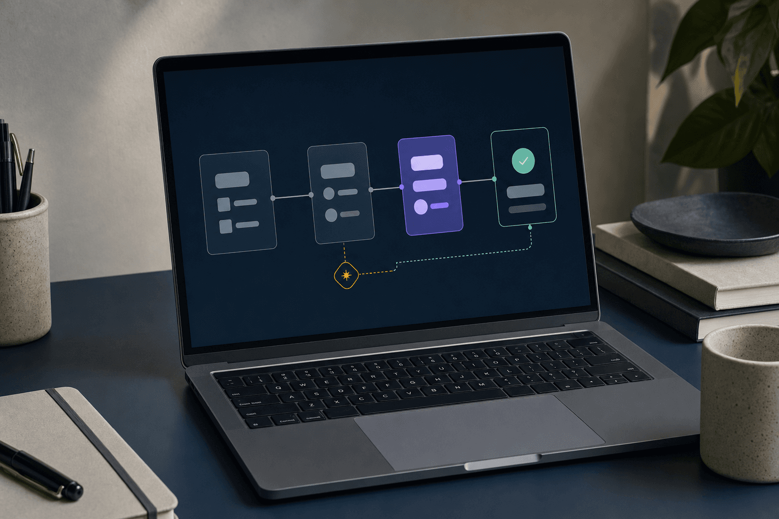 A laptop showing a clear AI workflow diagnosis with one repair step highlighted